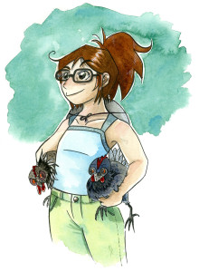 A self portrait of the artist, holding a chickens under each arm