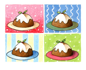 4 Christmas Puddings on various backgrounds.