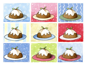 9 Christmas Puddings on various backgrounds.