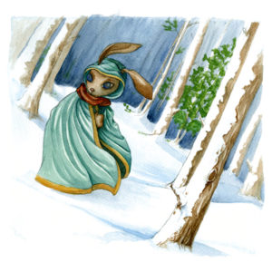 A rabbit, wrapped in his cloak presses on through a winter storm.