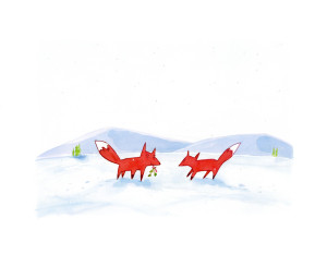 A watercolour painting of two foxes meeting in the snow.